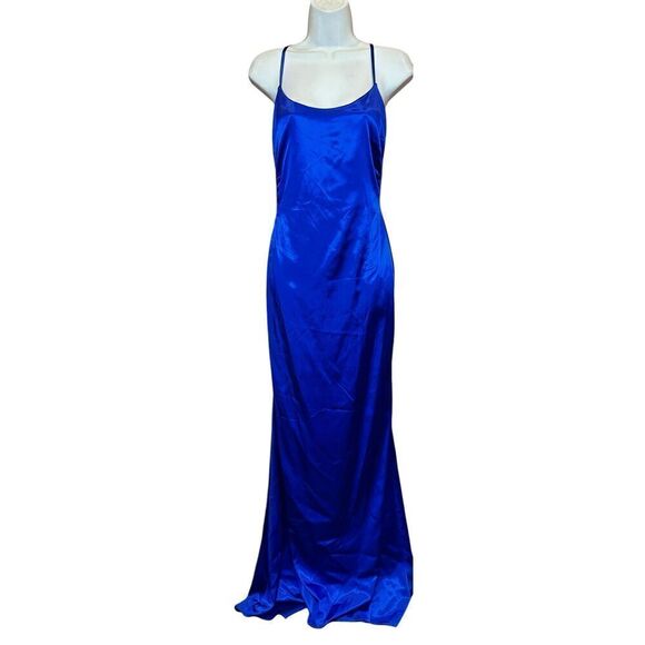 LA FEMME 29858 Long Stretch Satin Dress In Royal Blue NWT Size 8 - Picture 5 of 7